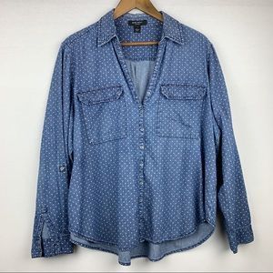 Nine West Polka Dot Denim V Neck Button Up Blouse